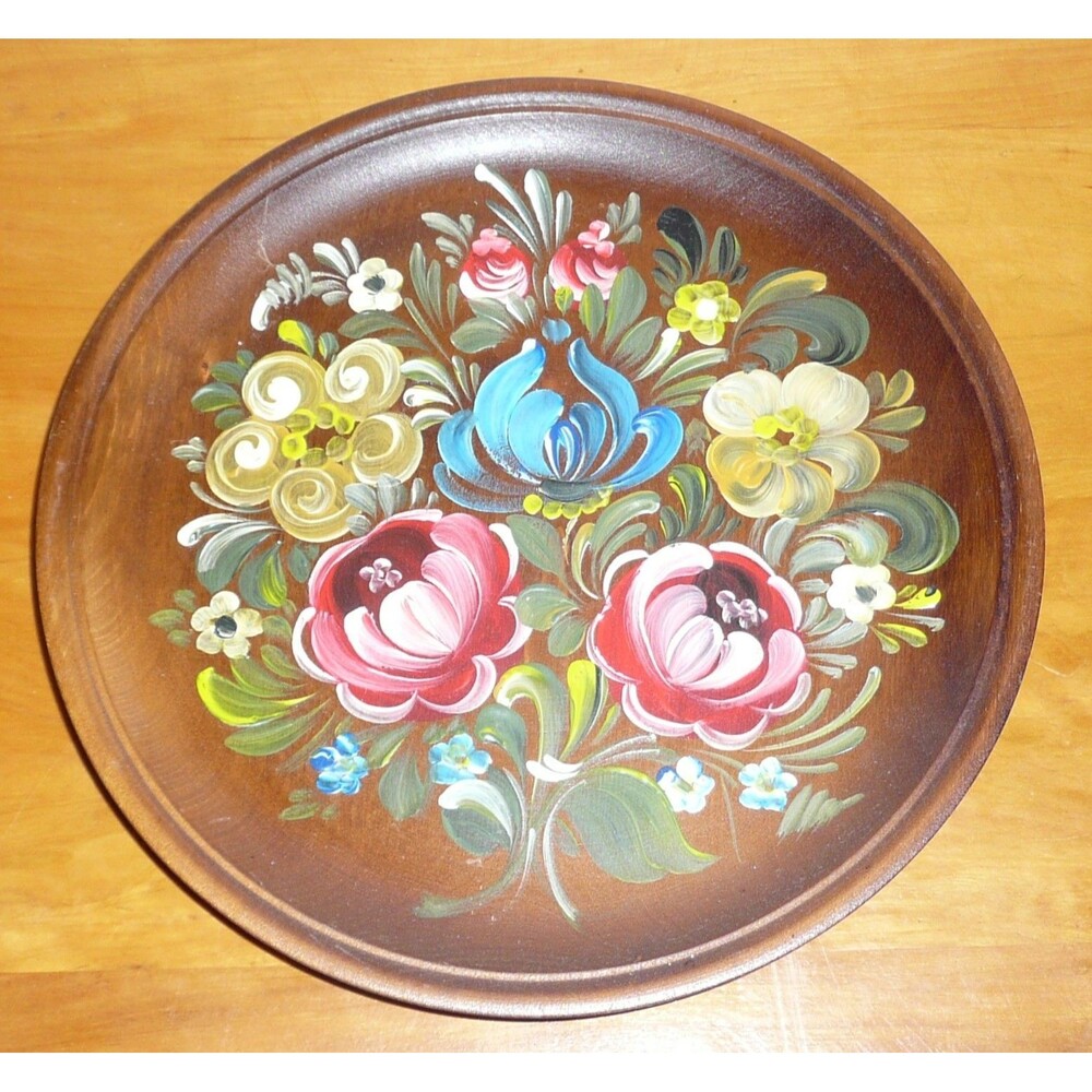 Hand Painted German Bauernmalerei Rosemaling Round 10" Brown Floral Wooden Plate